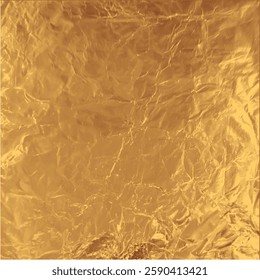 Golden foil wrinkled texture. Crumpled metallic vector background. Realistic aluminum orange paper sheet. Glister tinfoil reflective surface gold backdrop. Glitter wrapped package pattern