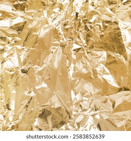 Golden foil wrinkled texture. Vector realistic aluminum orange paper sheet. Crumpled metallic surface background. Glitter wrapped package pattern. Glister reflective surface gold backdrop