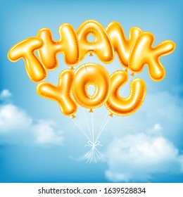 Golden foiled fly balloons in letters shape make up phrase Thank you. Blue sky and clouds on background. Design element for any events. Vector illustration. 