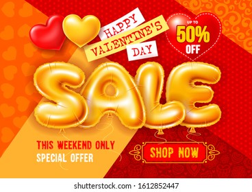 Golden foiled inflatable toy balloons in letters shapes, make up word sale. Realistic letters on red background with some ornaments. Design template for Valentines Day or other festive sales. Vector.