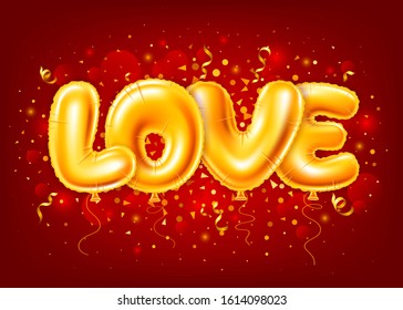Golden foiled inflatable toy balloons in letters shapes, make up word love. Realistic letters on red background with glittering tinsel. Design for Valentines Day, wedding or other event. Vector.