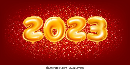 Golden foiled inflatable toy balloons in numbers shapes, make up 2023. Realistic digits on red background with glittering tinsel. Design for New Year, Christmas or other event. Vector 3d illustration