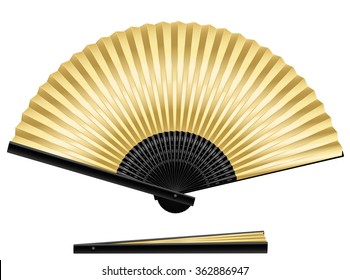 Golden folding fan - elegant, stylish, posh. Isolated vector illustration over white background.