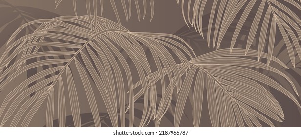 Golden foliage line art vector background. Luxury watercolor wallpaper with palm leaf, leaf branch, jungle in hand drawn. Elegant tropical leaves design for banner, invitation, packaging, wall art.