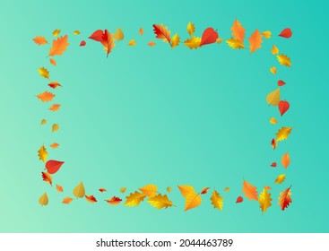 Golden Foliage Vector Blue Background. Tree Leaf Card. Green Forest Floral Frame. Isolated Texture.