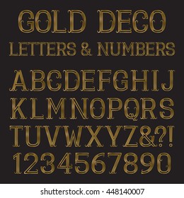 Golden Font In Art Deco Style. Vintage Alphabet. Gold Capital Letters And Numbers Of Lines With Flourishes.