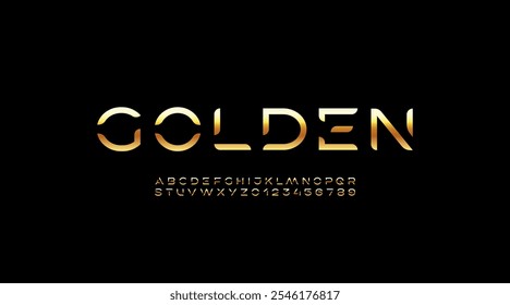 Golden font, digital cyber alphabet made gold style, letters A, B, C, D, E, F, G, H, I, J, K, L, M, N, O, P, Q, R, S, T, U, V, W, X, Y, Z and numerals 0, 1, 2, 3, 4, 5, 6, 7, 8, 9.