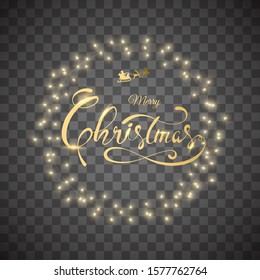 Golden Font Of Merry Christmas In Rounded Lighting Garland On Black Png Background.