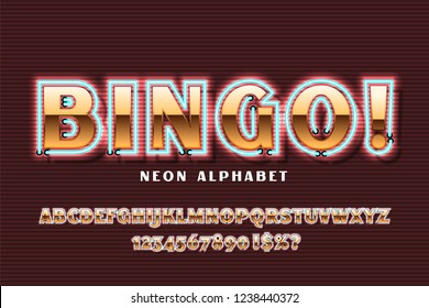 Golden font with neon on the old red brick wall background, bold sans serif alphabet, gold character set, modern typeface, typography, Electricity light retro letters. Vector illustration