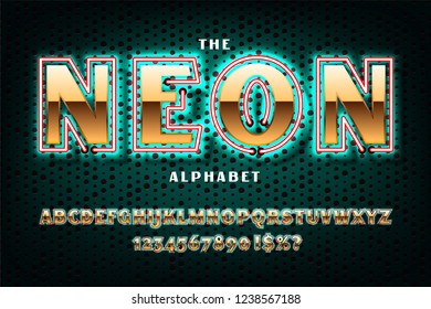 Golden font with neon on the old red brick wall background, bold sans serif alphabet, gold character set, modern typeface, typography, Electricity light retro letters. Vector illustration
