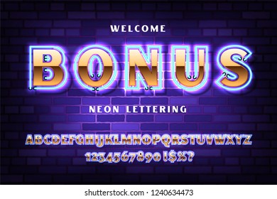 Golden font with neon on the old red brick wall background, bold sans serif alphabet, gold character set, modern typeface, typography, Electricity light retro letters. Vector illustration
