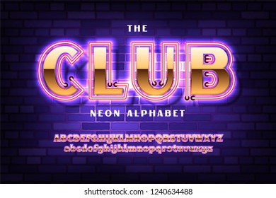 Golden font with neon on the old red brick wall background, bold sans serif alphabet, gold character set, modern typeface, typography, Electricity light retro letters. Vector illustration