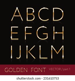 Golden font set, elegant thin letters on black background, part 1