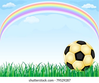 Golden football ball with green grass, colorful rainbow and blue sky. Vector illustration saved as EPS AI8, all elements grouped, labeled, no effects.