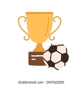 Golden football cup with soccer ball. Gold goblet on podium. Champion's trophy for first place. Winner s prize for victory. Colored flat vector illustration isolated on white background