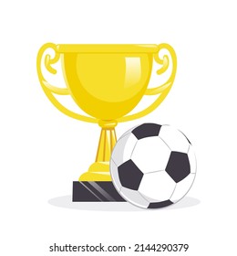 Golden football cup with soccer ball. Gold goblet on podium. Champion's trophy for first place. Championship competition. Winner's prize for victory. Colored flat vector illustration isolated on white background.