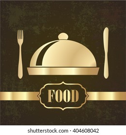 golden fork knife and cloche symbol on grunge background / restaurant theme vector illustration