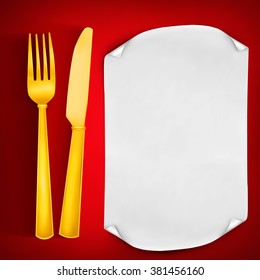Golden fork and knife with paper template. Menu card. Vector illustration