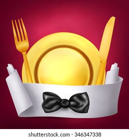 Golden fork knife and plate with paper role banner. Vector illustration