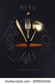 Golden fork knife and spoon on a black background with coffee silhouettes. A fashionable modern poster for a restaurant. Vector illustration of the top view.