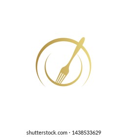 Golden Fork and Plate Icon for Meal Food or Catering Restaurant logo design	