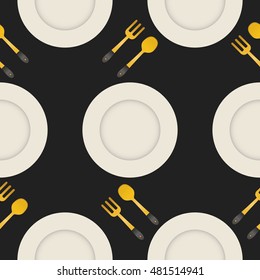 golden fork spoon and white dish on black background