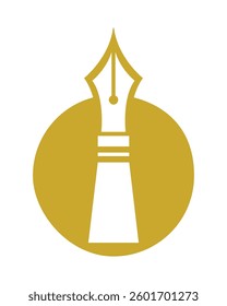 Golden fountain pen nib vector icon for writing, symbolizing knowledge and creativity