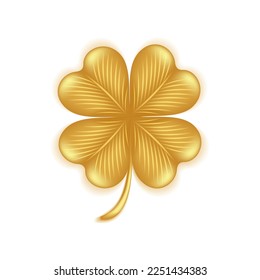 Golden four leaf clover, Irish national symbol for Happy St. Patrick's Day. Gold leaf isolated on white background. Vector illustration.