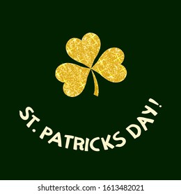 Golden four leaf shamrock clover icon on dark green background. Lucky four-leaf symbol of Irish beer festival St Patricks day. Flat Art Vector Illustration