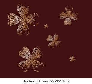 Golden four-leaf clovers symbolizing luck and prosperity create an elegant design on a RED background