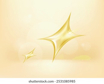 Golden four-pointed stars of various shapes. Christmas realistic design element. Realistic shining and glowing star. Y2k gold chrome icon.