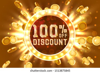 Golden frame 100 sale off text banner. Money explosion gold. Vector illustration