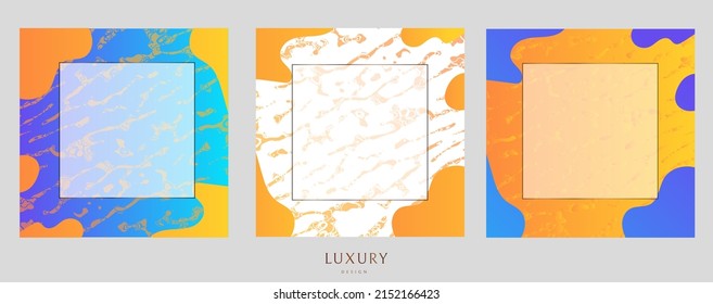 Resumen del marco dorado. Un conjunto de marcos dorados y puntos abstractos. Manchas de color azul y amarillo. Color claro degradado. Diseño minimalista moderno. Ilustración vectorial.