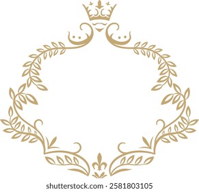 Golden frame adorned with a crown, leaves, and fleur de lis, offering an elegant and royal decoration ideal for enhancing various design projects and invitations