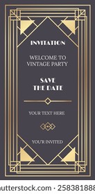 Golden frame adorned with intricate art deco ornaments sets the stage for a vintage party, inviting guests to save the date for an elegant celebration filled with glamour