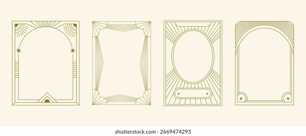 Marco dorado Art Deco Celestial Set Tarjeta geométrica Borde Oro Anuncio Elemento Línea Vector moderno Elegante Antiguas Boho Colección Art Nouveau de lujo