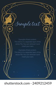 Golden frame in Art Nouveau style on a dark blue background. Vector template