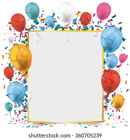 Golden frame banner with balloons and confetti on the white background. Eps 10 vector file.