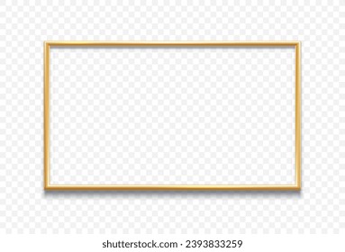 Golden frame border. Isolated realistic 3d vector gold shiny glowing rectangular bordering with shadows, exuding opulence and elegance. Luxury, lavish decorative element on transparent background