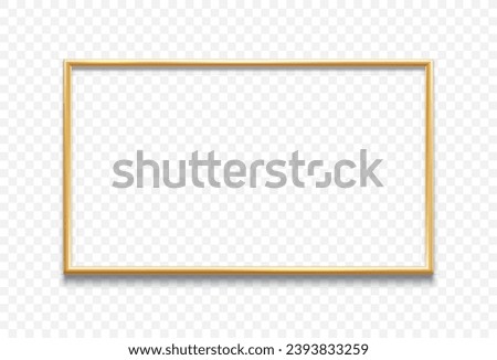 Golden frame border. Isolated realistic 3d vector gold shiny glowing rectangular bordering with shadows, exuding opulence and elegance. Luxury, lavish decorative element on transparent background