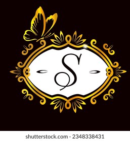 Golden frame with a butterfly. Vector illustration