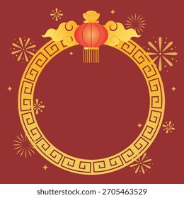 Marco dorado de estilo chino, linterna china roja y fuegos artificiales. Plantilla del año Nuevo chino. 