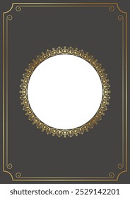 Golden frame. Circle empty area decorated with abstract pattern. For card cover photo frames