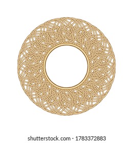 Goldener Rahmen mit Kreisverzierungen auf weißem Hintergrund. Vorlagenrunde Spitzengrenze. Luxus mandala. Dekorative UrlaubskVektorgrafik. Handzeichnung Design.