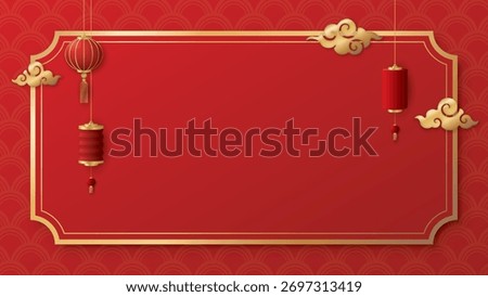 Golden frame with clouds and lanterns Chinese style on red background. Chinese New Year greeting card template have blank space.