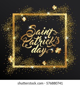 Golden frame with clover leaves and lettering on a black background for St. Patrick's Day