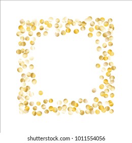 Golden Frame of Confetti Isolated on White Background. Festive Pattern with Tinsels for Christmas and New Year Decoration, Birthday Invitation, Poster or Greeting Card. Vector Gold Confetti.