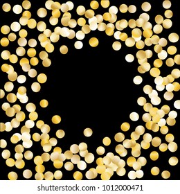 Golden Frame of Confetti Isolated on Black Background. Festive Pattern with Tinsels for Christmas and New Year Decoration, Birthday Invitation, Poster or Greeting Card. Wreath of Gold Confetti.
