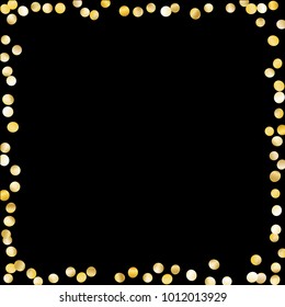 Golden Frame of Confetti Isolated on Black Background. Dark Festive Pattern with Sparkles for Christmas and New Year Decoration, Birthday Invitation, Poster or Greeting Card. Vector Gold Confetti.