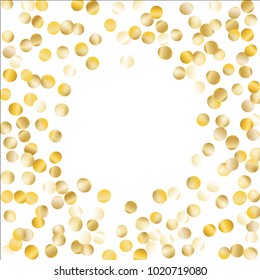 Golden Frame of Confetti Isolated on White Background. Festive Pattern with Sparkles for Christmas and New Year Decoration, Birthday Invitation, Poster or Greeting Card. Wreath of Gold Confetti.